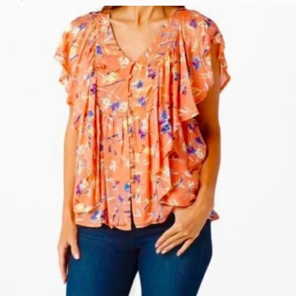 Haute Hippie Orange/Yellow Blue Modal Floral V Neck 1/4 Button Top Size Large - Picture 1 of 4